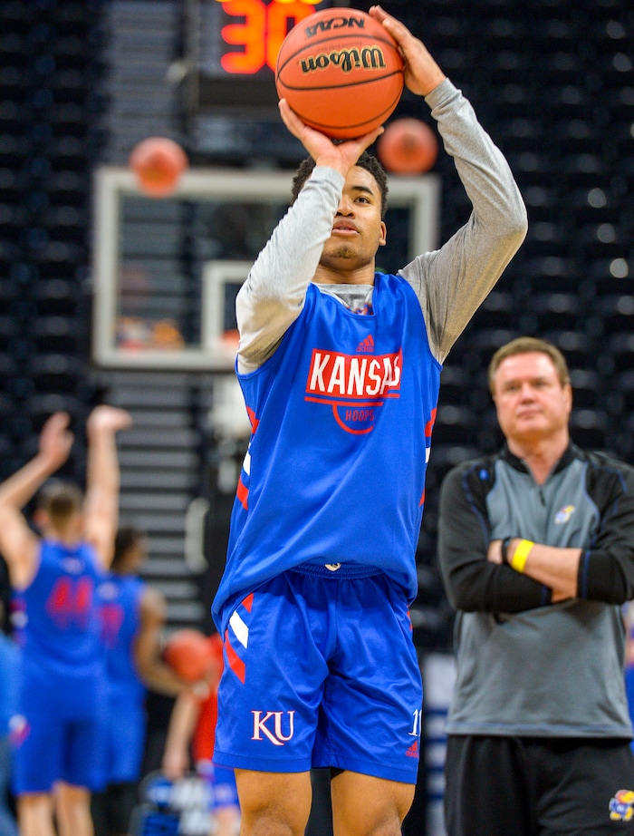 Leah Hogsten  |  The Salt Lake Tribune  Kansas Jayhawks guard Devon Dotson (11) takes a shot under the eye of  head coach Bill Self during practice on Wednesday. The Kansas Jayhawks take the court during the 2019 NCAA Division I Men's Basketball Championship, March 20, 2019 in preparation for their first round game against the Northeastern Huskies on Thursday.