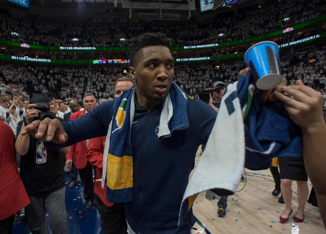 (Rick Egan  |  The Salt Lake Tribune)    The crowd goes wild as Utah Jazz guard Donovan Mitchell (45) leaves the floor as the Jazz take a 3-1 lead in the series,  after winning game 4, NBA playoff action between Utah Jazz and Oklahoma City Thunder, in Salt Lake City, Monday April 23, 2018.
