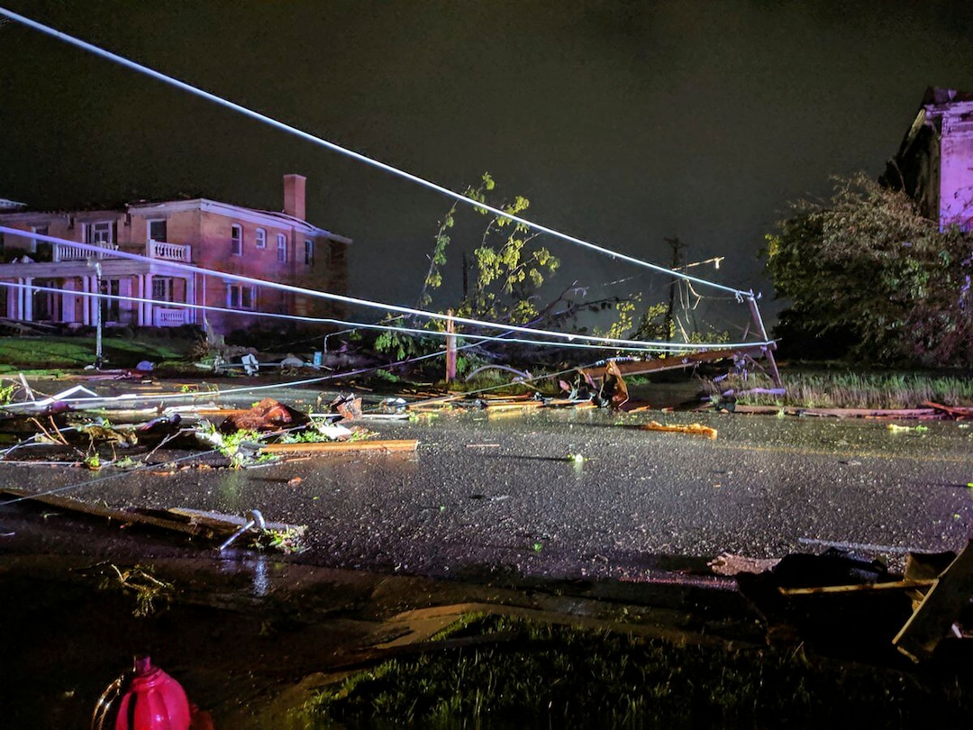 (Photo courtesy of Stechshultsy via AP) This image posted on Twitter account of Stechshultsy shows tornado-hit Jefferson City. MO., Thursday, May 23, 2019. The National Weather Service has confirmed a large and destructive tornado has touched down in Missouri's state capital, causing heavy damage and trapping multiple people in the wreckage of their homes.