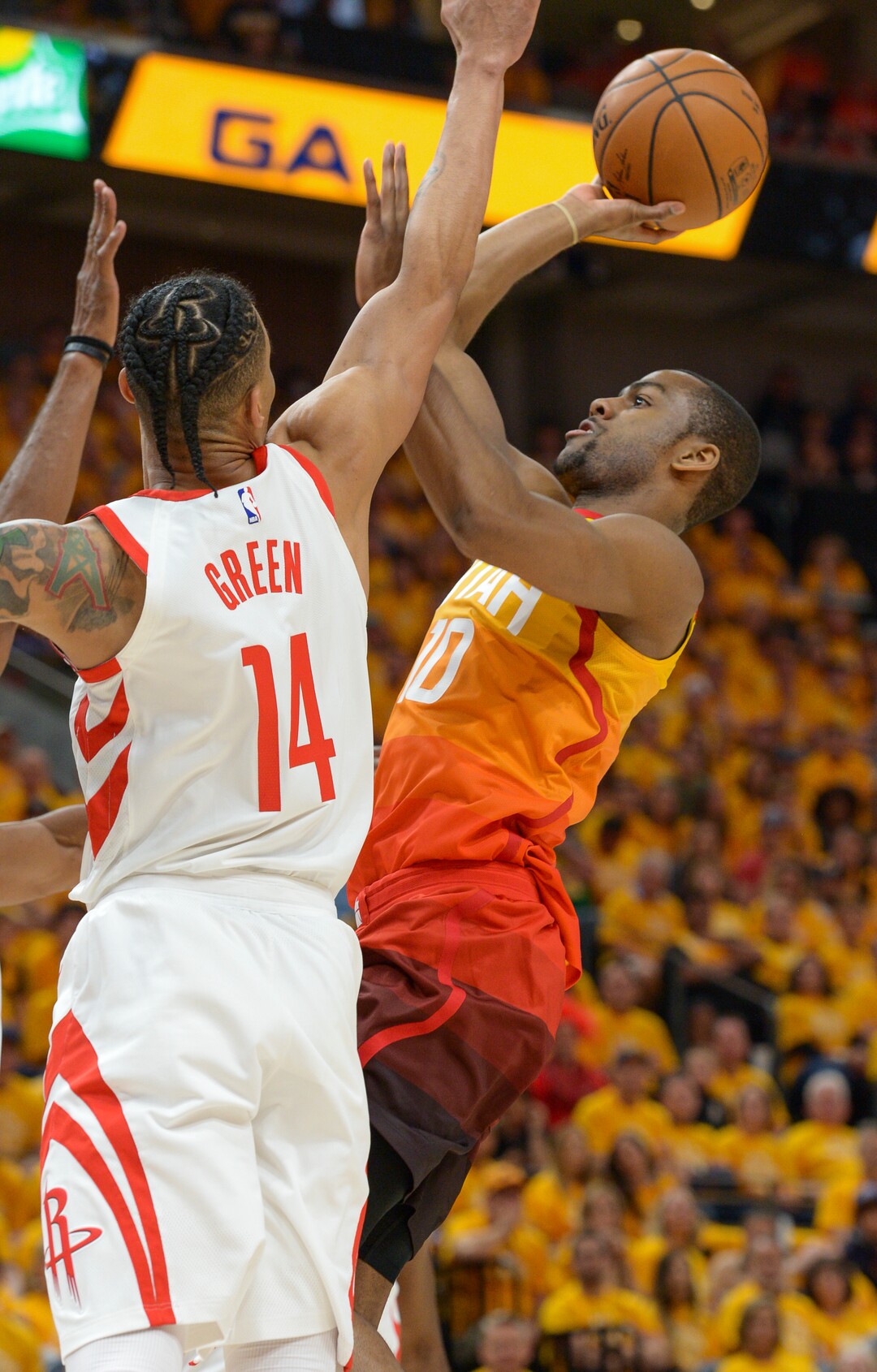 (Leah Hogsten  |  The Salt Lake Tribune) Utah Jazz guard Alec Burks (10) tries to get past Houston Rockets guard Gerald Green (14) as the Utah Jazz take on the Houston Rockets in Game 3 of an NBA basketball second-round playoff series Friday, May 4, 2018 in Salt Lake City.