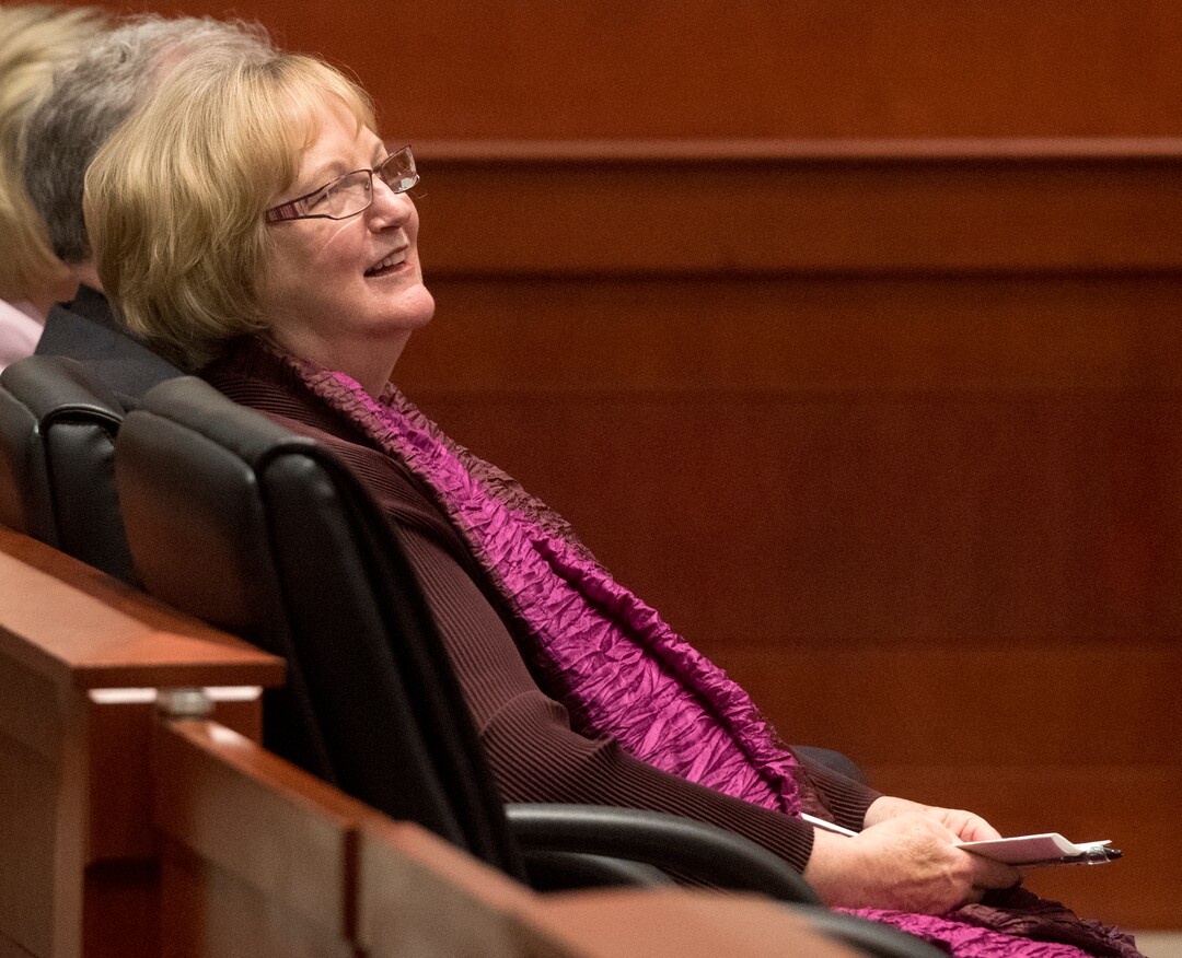 (Rick Egan  |  The Salt Lake Tribune)  Justice Christine M. Durham listens as Chief Justice Mathew B. Durrant speaks at during her retirement reception, at theMatheson Courthouse, Monday, November 13, 2017.