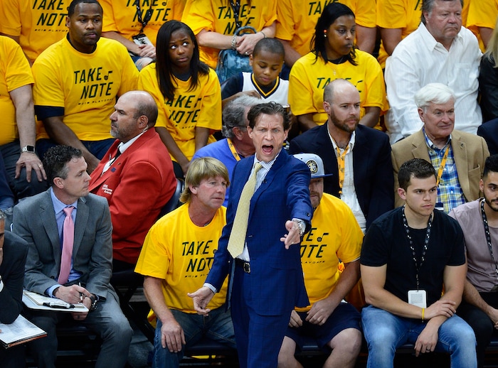 (Scott Sommerdorf | The Salt Lake Tribune)
Utah Jazz head coach Quin Snyder yells at the officials after a non call during first half play. The Rockets led the Jazz 58-48 at the half, Sunday, May 6, 2018.