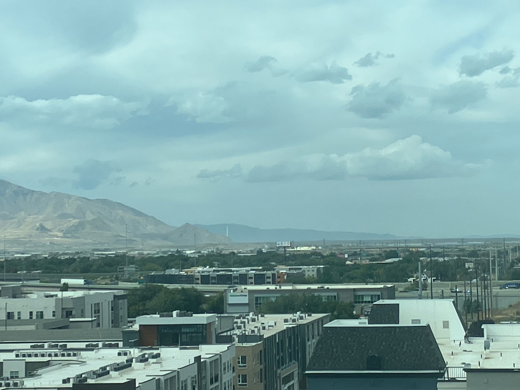 (Sean P. Means  |  The Salt Lake Tribune) Gray clouds over the Oquirrh Mountains, as seen from downtown Salt Lake City on Monday morning, Sept. 16, 2024. A cold front expected to move through Utah that Monday evening is predicted to bring temperatures down nearly 20 degrees from the weekend, with high temperatures remaining 10 degrees or so below normal for this time of year for the week.