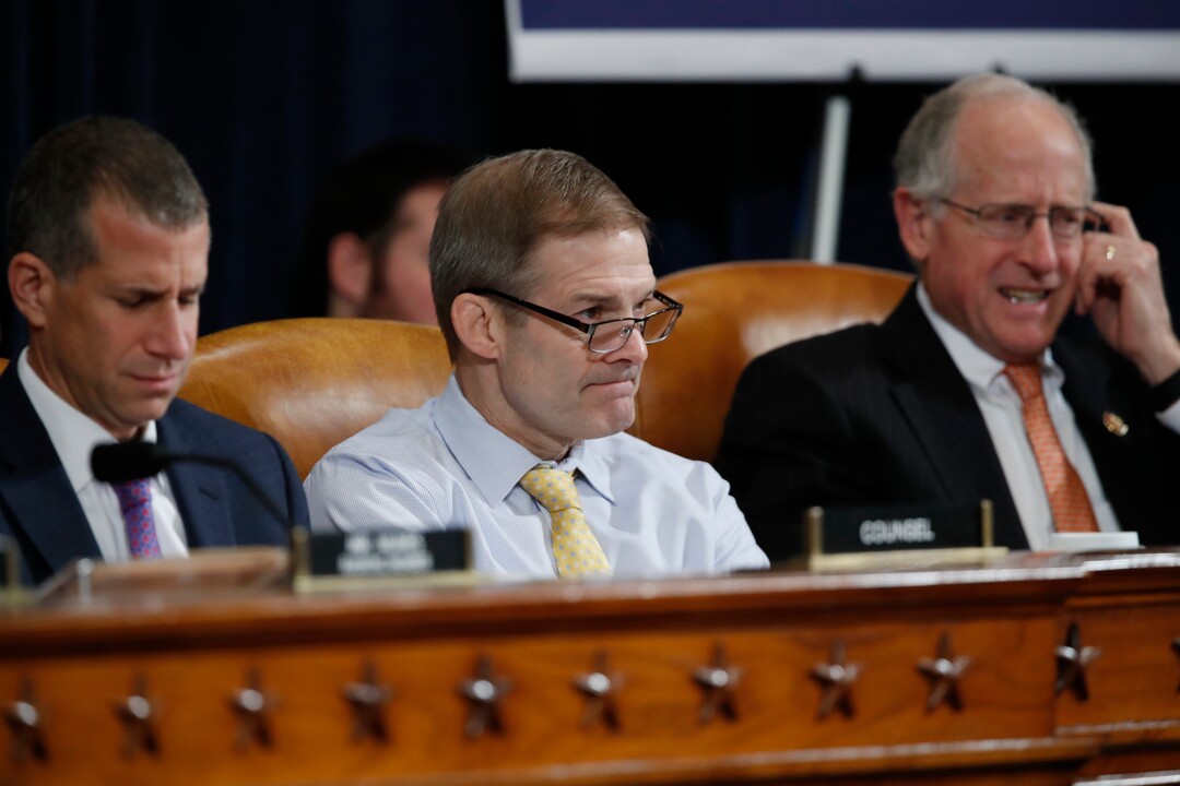 (Alex Brandon  |  AP photo) From left, Steve Castor, the Republican staff attorney, Rep. Jim Jordan, R-Ohio, and Rep. Mike Conaway, R-Texas, listen as U.S. Ambassador to the European Union Gordon Sondland testifies before the House Intelligence Committee on Capitol Hill in Washington, Wednesday, Nov. 20, 2019, during a public impeachment hearing of President Donald Trump's efforts to tie U.S. aid for Ukraine to investigations of his political opponents. 