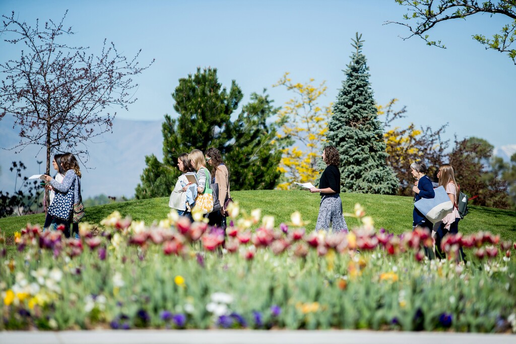 (Photo Courtesy of The Church of Jesus Christ of Latter-day Saints) Women enjoy the spring weather on the Brigham Young University campus in Provo, Utah, for the annual BYU Women's Conference, May 4, 2017.