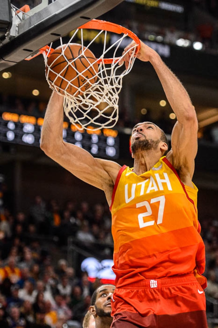 (Trent Nelson | The Salt Lake Tribune)  
Utah Jazz center Rudy Gobert (27) dunks as the Utah Jazz host the San Antonio Spurs, NBA basketball in Salt Lake City on Saturday Feb. 9, 2019.