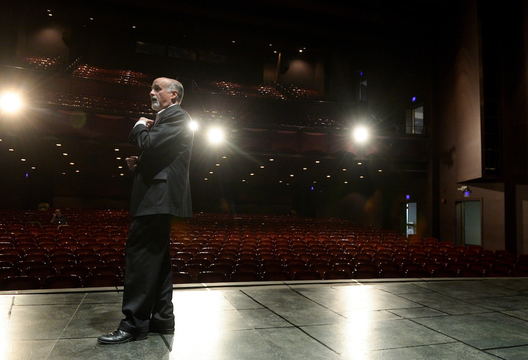(Leah Hogsten  |  The Salt Lake Tribune) Chris Lino, managing director of Pioneer Theatre Company, leads a backstage tour of the theater and shows off the set for the upcoming production of “Twelfth Night.”