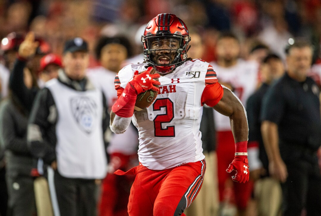 (Rick Egan  |  The Salt Lake Tribune)      Utah Utes running back Zack Moss (2), runs for a touchdown in the first possession of the third quarter, in PAC-12 action between the Utah Utes and the Arizona Wildcats in Tucson, Saturday, Nov. 23, 2019.