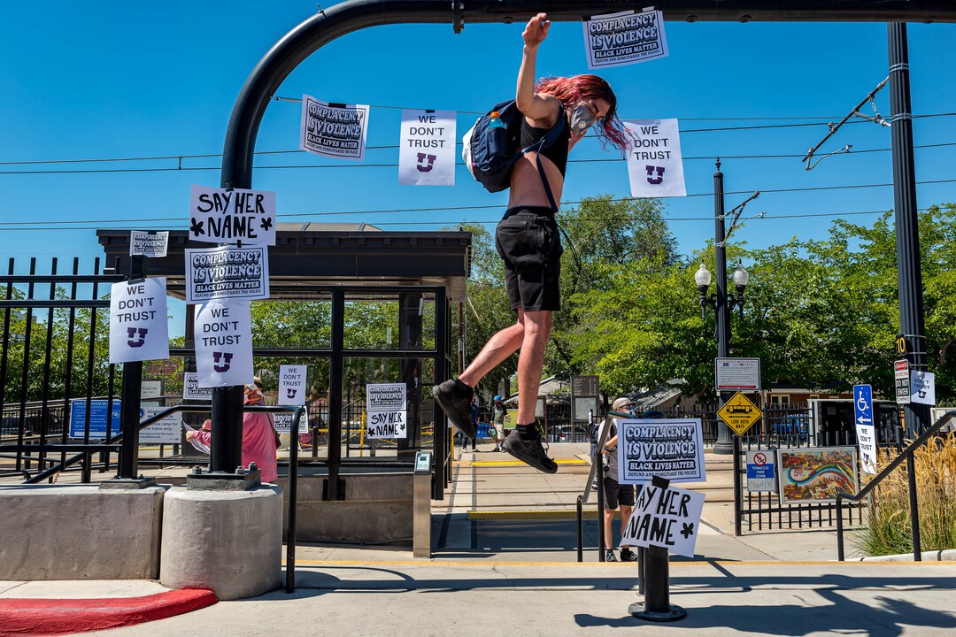 (Trent Nelson  |  The Salt Lake Tribune) Protesters taped posters at the University of Utah in Salt Lake City on Thursday, Sept. 3, 2020. The protest called  for President Ruth Watkins to resign and for the campus police department to be dissolved..