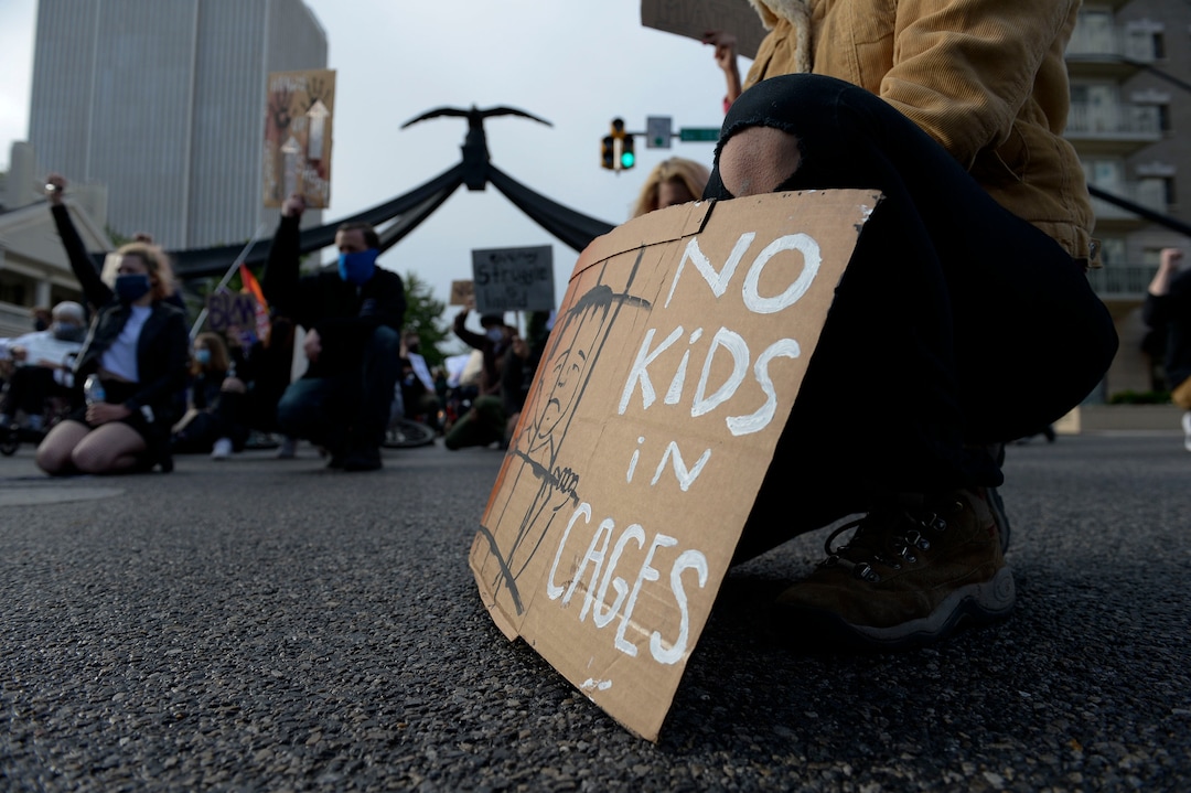 (Leah Hogsten  |  The Salt Lake Tribune) Demonstrators marched from the Utah Capitol down State Street, stopping at every intersection for five minutes in honor of George Floyd, June 8, 2020.