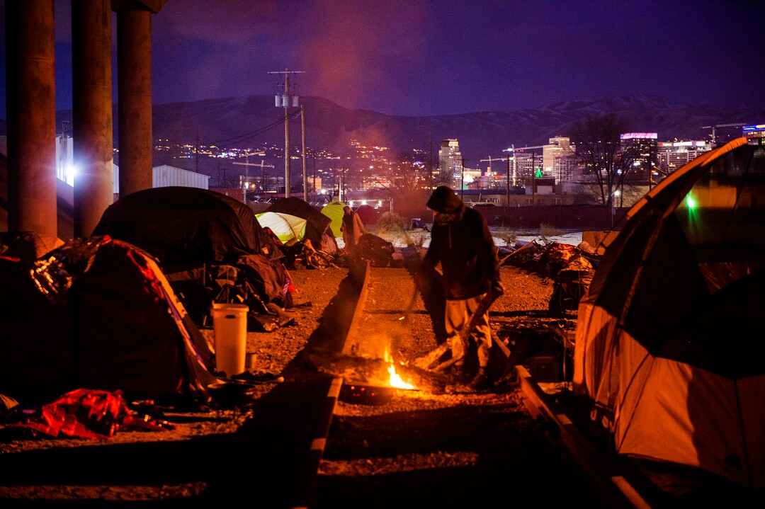 (Rick Egan | The Salt Lake Tribune) Homeless seek shelter under the freeway after being moved from the Rio Grande area earlier this week, Saturday, Dec. 12, 2020.