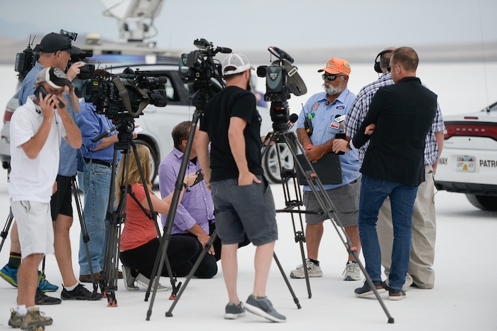 (Francisco Kjolseth | The Salt Lake Tribune) Pat McDowell, Director of Racing on Utah's Bonneville Salt Flats talks about the deadly accident along the sidelines of Speed Week following a head-on collision between two vehicles carrying support crew traveling between the pits and the entrance to the salt along the access road on Wednesday, Aug. 16, 2017. One person was killed and five injured, all of whom were said to be members of support crews for racing drivers.