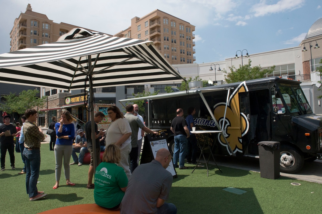 (Rachel Molenda  |  The Salt Lake Tribune)  A crowd gathers at the Taste of Louisiana food truck during the lunch hour at The Gateway on Friday, August 4, 2017.