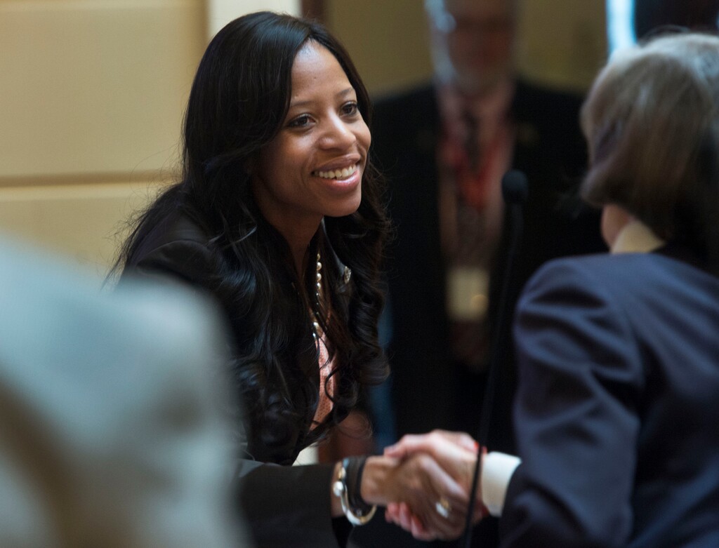 Steve Griffin  |  The Salt Lake TribuneRep. Mia Love shakes hands with members of the Senate as she visits the Utah Senate at the State Capitol in Salt Lake City Thursday February 23, 2017