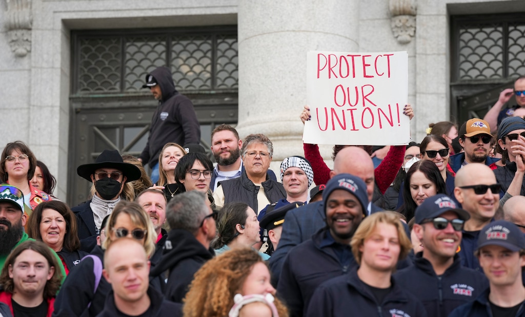 (Bethany Baker  |  The Salt Lake Tribune) Union workers and supporters gather on the steps of the Capitol after lawmakers postponed action on HB267 in Salt Lake City Friday, Jan. 31, 2025.