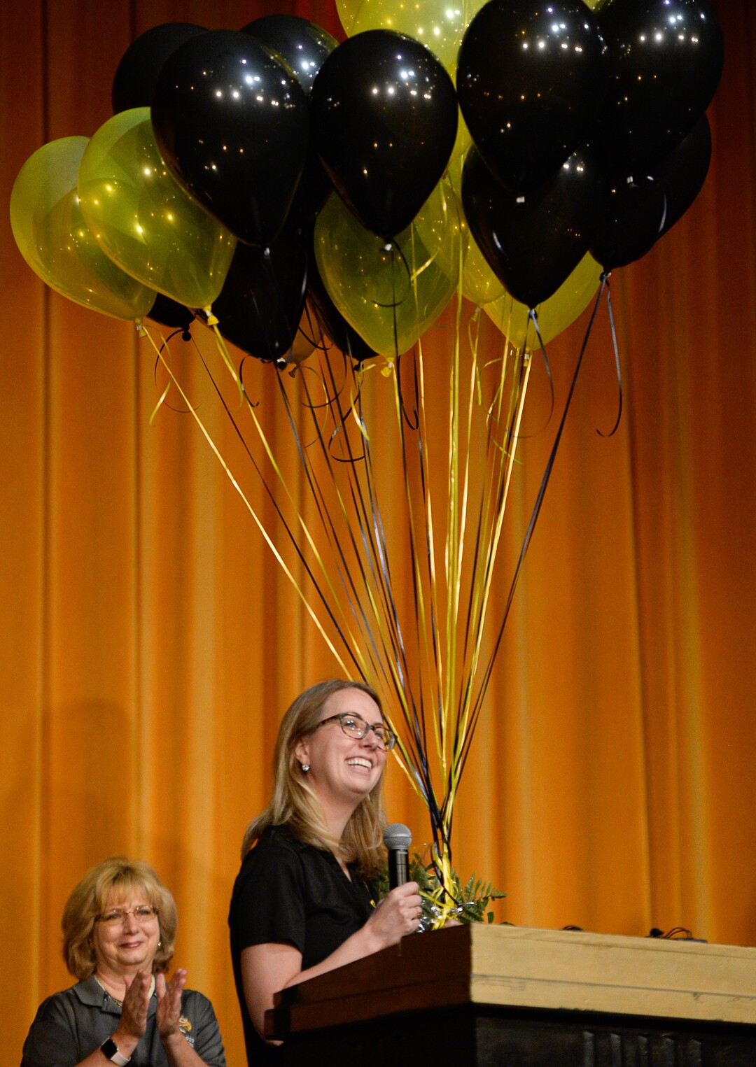 (Francisco Kjolseth  |  The Salt Lake Tribune)  Cottonwood High School English teacher Lauren Merkley is celebrated as the year's teacher of the year ahead of the school's pep rally in the school auditorium on Friday, Sept. 6, 2019.