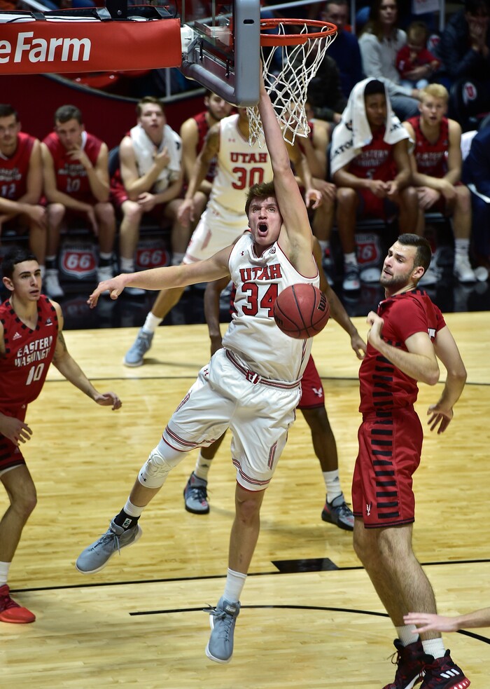 (Scott Sommerdorf   |  The Salt Lake Tribune)   Utah's Jayce Johnson reacts as his shot was deflected by Eastern Washington's Benas Griciunas during first half play. Utah held a 46-27 lead over Eastern Washington at the half, Friday, November 24, 2017. 