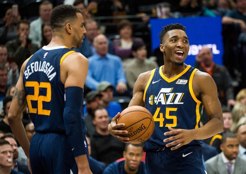(Rick Egan  |  The Salt Lake Tribune)   Utah Jazz guard Donovan Mitchell (45) reacts after Sefolosha (22)  and Cleveland Cavaliers forward LeBron James (23), got double technical fouls called on them after a little argument on the court , in NBA action Utah Jazz vs Cleveland Cavaliers, in Salt Lake City,  Saturday, December 30, 2017.