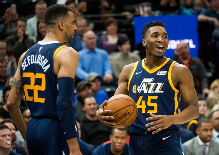 (Rick Egan  |  The Salt Lake Tribune)   Utah Jazz guard Donovan Mitchell (45) reacts after Sefolosha (22)  and Cleveland Cavaliers forward LeBron James (23), got double technical fouls called on them after a little argument on the court , in NBA action Utah Jazz vs Cleveland Cavaliers, in Salt Lake City,  Saturday, December 30, 2017.


