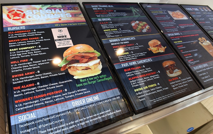 (Francisco Kjolseth | The Salt Lake Tribune) Special Courses, a military-themed restaurant in the dining terrace at The Shops at South Town in Sandy, specializes in burgers and fries. Staff Sgt. James Veylupek, the owner, got help launching the eatery after winning Taste for the Space in May 2017. The veteran, who previously ran the Special Courses food truck, defeated 12 other chefs to get $50,000 and six months free rent in the mallÕs dining terrace.