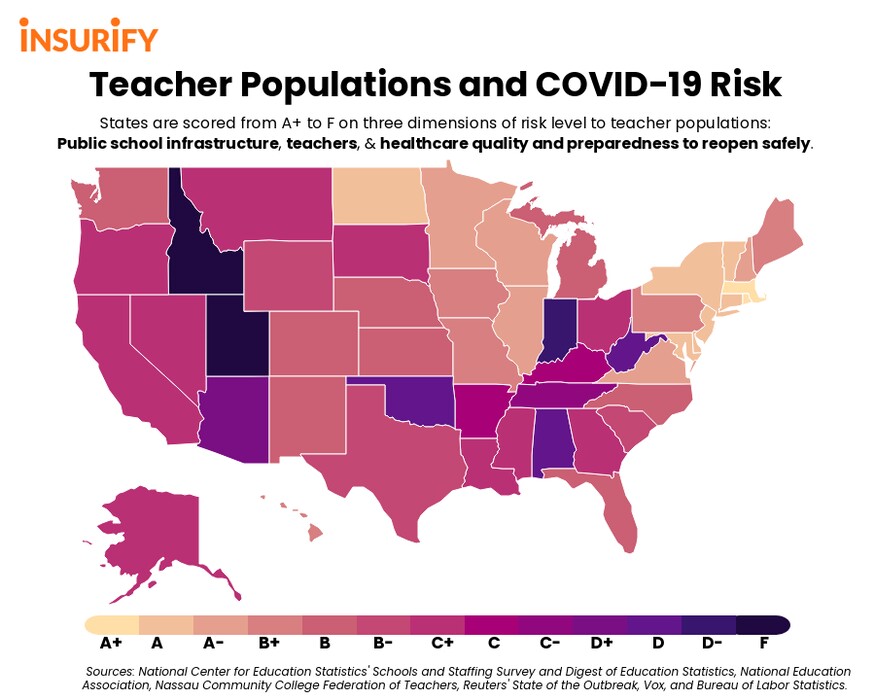 (Graphic courtesy of Insurify) Shown is a map with rankings by state for how at-risk teachers are during the coronavirus pandemic.