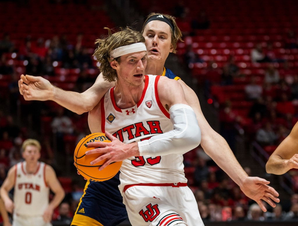 (Rick Egan | The Salt Lake Tribune) Utah center Branden Carlson (35) grabs a rebound for the Utes, in the first round of the NIT tournament between the Utah Utes and the UC Irvine Anteaters, at the Jon M. Huntsman Center, on Tuesday, March 19, 2024.