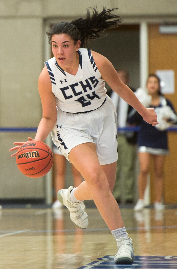(Rick Egan | The Salt Lake Tribune) Corner Canyon Chargers Angela Vaifanua brings the ball down court, in Class 5A women's basketball playoff game between Corner Canyon and Highland, Monday, Feb. 19, 2018.