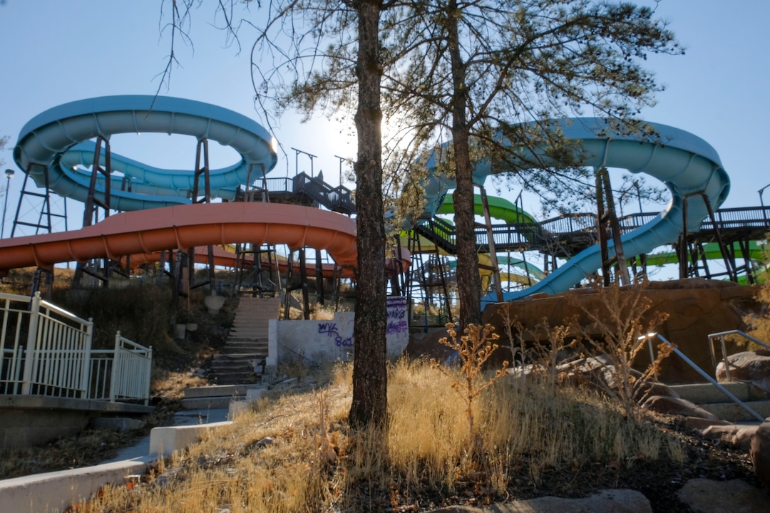 (Leah Hogsten  |  The Salt Lake Tribune) Oct. 29, 2020. In the 1980's Raging Waters water park was home to the world's third wave pool. Today the property is in such disrepair that Salt Lake City needs to disassemble it and figure out some kind of new park to replace it. Closed since 2018,vandalism and operator abandonment has left the park a liability for the city.