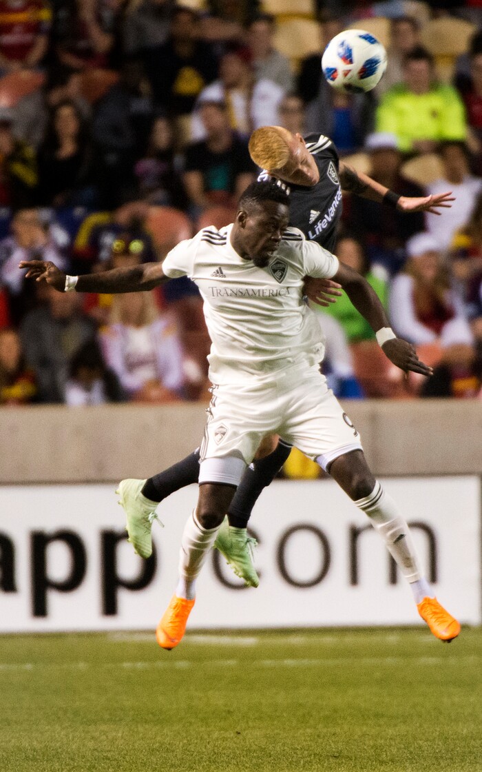(Rick Egan  |  The Salt Lake Tribune) 
Real Salt Lake defender Justen Glad (15) and Yannicln Boli, in MLS soccer action, between Real Salt Lake and Colorado Rapids,  at Rio Tinto Stadium, Saturday, April 21, 2018.


