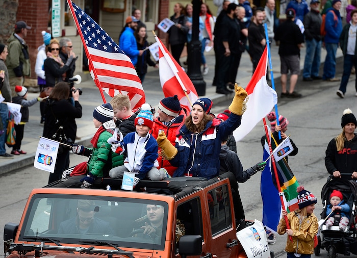 Scott Sommerdorf | The Salt Lake Tribune
Nordic Ski Jumper, Abby Ringquist yells as she sits on a car riding in Park City's Olympic and Paralympic parade down Main Street, Friday, April 6, 2018. The parade celebrates the accomplishments of Park City-based Olympians. Local athletes wrapped up the PyeongChang Winter Games by earning one silver and two bronze medals.