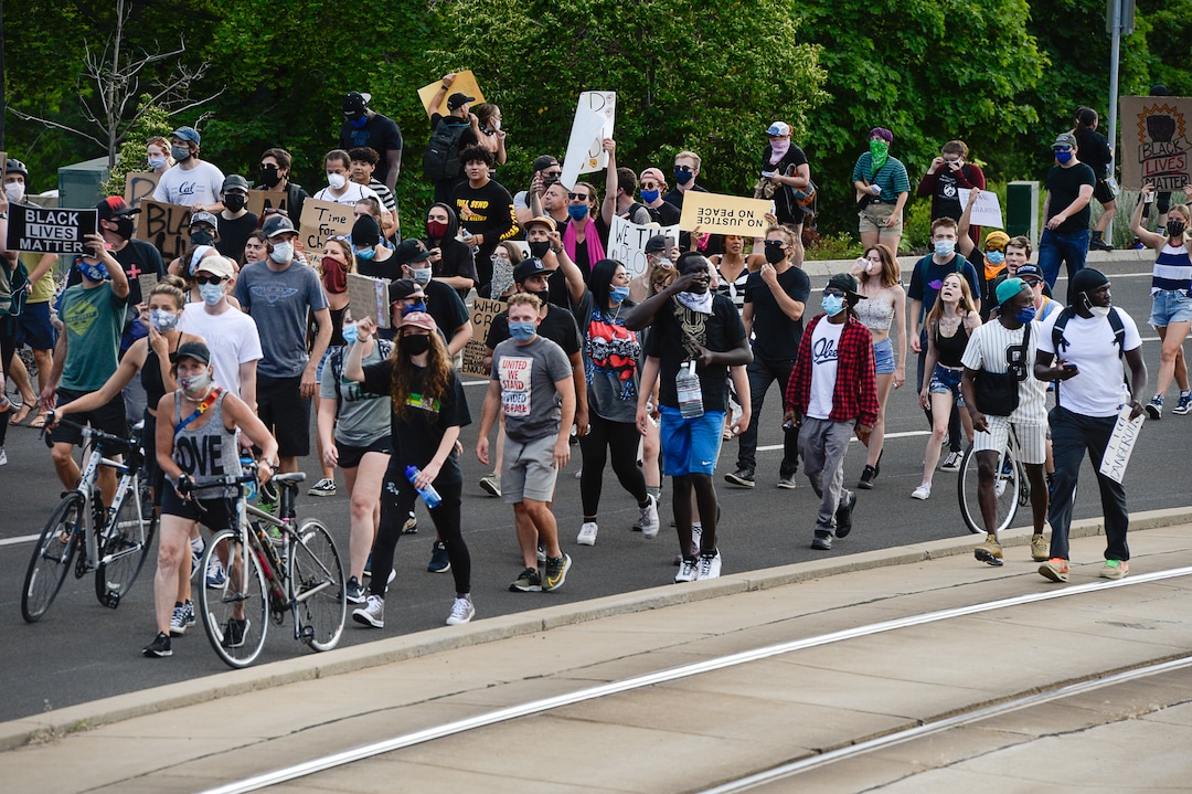 (Francisco Kjolseth  |  The Salt Lake Tribune) Demonstrators protesting against police brutality make their way to the University of Utah on Wednesday, June 3, 2020, in Salt Lake City, as the initially set 8 p.m. weeklong curfew was removed.