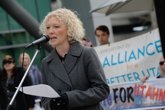 (Francisco Kjolseth  |  The Salt Lake Tribune)  Lindsy Cieslewicz, a Heber mother of 6 children expresses her concern over the current tax proposal that eliminates personal exemptions and increases the standard deduction and the child tax credit. A group of Utahns gathered to rally at the Wallace Bennett Federal Building in Salt Lake on Monday, Nov. 20, 2017, to tell personal stories of how they might be impacted by the tax reform plans currently on the table in Congress.