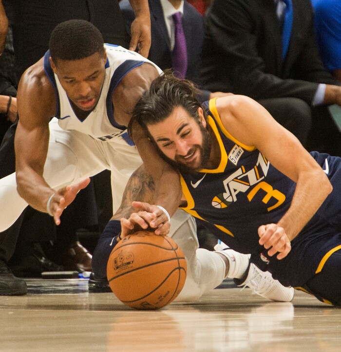 (Rick Egan  |  The Salt Lake Tribune)  Utah Jazz guard Ricky Rubio (3) goes for a loose ball along with Dallas Mavericks guard Dennis Smith Jr. (1), in NBA action Utah Jazz vs. Dallas Mavericks, in Salt Lake City, Monday, October 30, 2017.