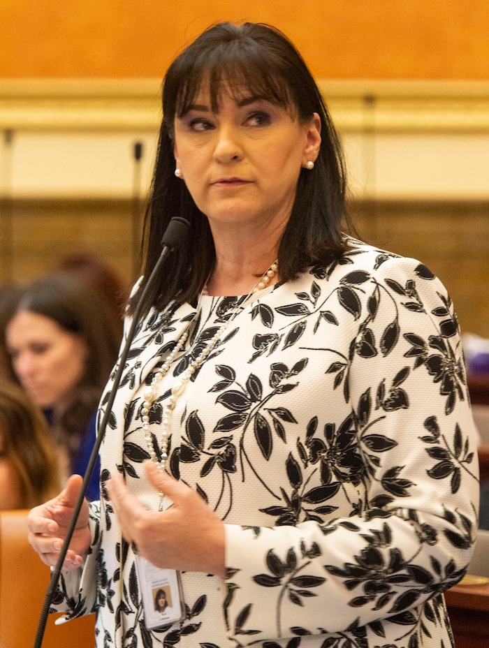 (Rick Egan  |  The Salt Lake Tribune)  Rep Kim Coleman comments on a bill, late in the evening, on the final day of the 2019 legislature, Thursday, March 14, 2019. 

