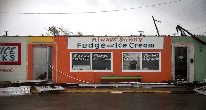 (Nick Wagner | Austin American-Statesman via AP) A store sits damaged after Hurricane Harvey ripped through Rockport, Texas, on Saturday, Aug. 26, 2017.  The fiercest hurricane to hit the U.S. in more than a decade spun across hundreds of miles of coastline where communities had prepared for life-threatening storm surges, walls of water rushing inland.
