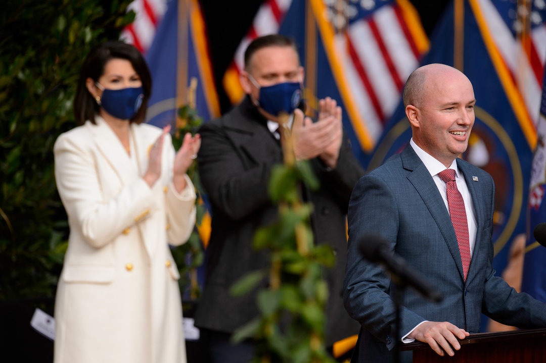 (Trent Nelson  |  The Salt Lake Tribune) Spencer Cox speaks at his inauguration as Utah's 18th governor at Tuacahn Center for the Arts in Ivins on Monday, Jan. 4, 2021. At left are Lt. Gov. Deidre Henderson and Gabe Henderson.