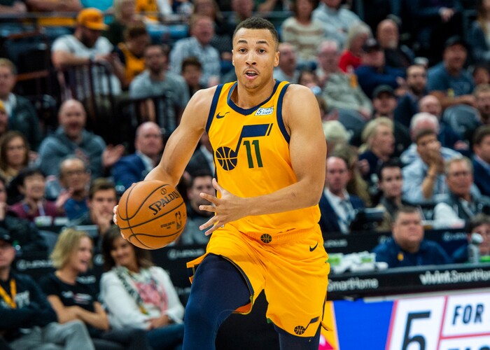 (Rick Egan  |  The Salt Lake Tribune)     Utah Jazz guard Dante Exum (11) takes the ball in for a layup after stealing it from Minnesota Timberwolves, in NBA action between the Utah Jazz and the Minnesota Timberwolves in Salt Lake City, Monday, Nov. 18, 2019.