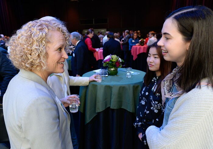 (Francisco Kjolseth  |  The Salt Lake Tribune)  Mayor Jackie Biskupski meets students Gracie Kilminster, 17, in background, and Camille Whisenant, 18, both seniors at Highland High after they won a ticket to attend Hamilton with the mayor on Thursday, April 19, 2018. The students were among many who wrote to a politician on topics important to them and to offer solutions. 