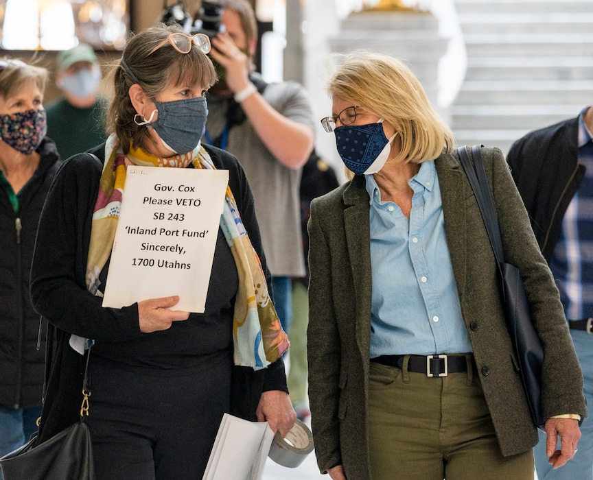 (Rick Egan | The Salt Lake Tribune)   Deeda Seed, an organizer with the Stop the Polluting Port Coalition, Sarah Buck and other supporters, arrive at the Capitol to deliver a letter more than 1,700 people signed, urging Utah Gov. Spencer Cox to veto SB243, a bill that creates an "inland port fund, Wednesday, March 17, 2021.