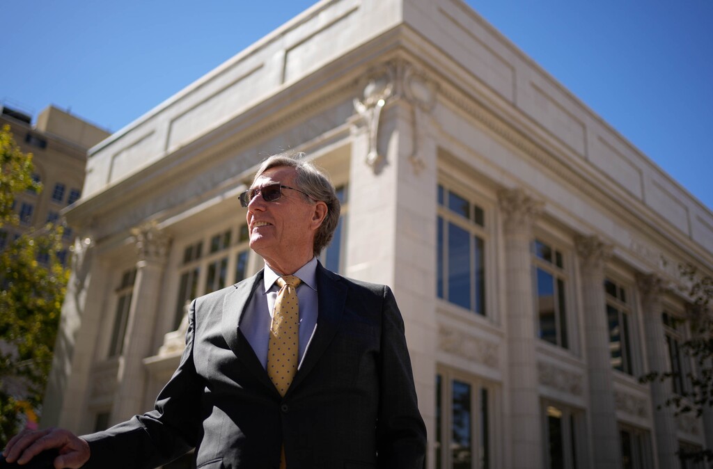 (Francisco Kjolseth | The Salt Lake Tribune) Scott Anderson, president and chief executive officer of Zions Bank, poses for a portrait outside the historic Eagle Emporium at 102 S. Main in Salt Lake City in September 2023. The bank's parent company, Zions Bancorp, announced Anderson will retire April 1, 2024.