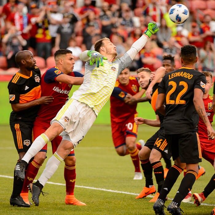 (Trent Nelson | The Salt Lake Tribune)  
Houston Dynamo goalkeeper Joe Willis (23) makes a save on a corner kick as Real Salt Lake hosts Houston Dynamo, MLS Soccer at Rio Tinto Stadium in Sandy, Utah, Wednesday May 30, 2018.