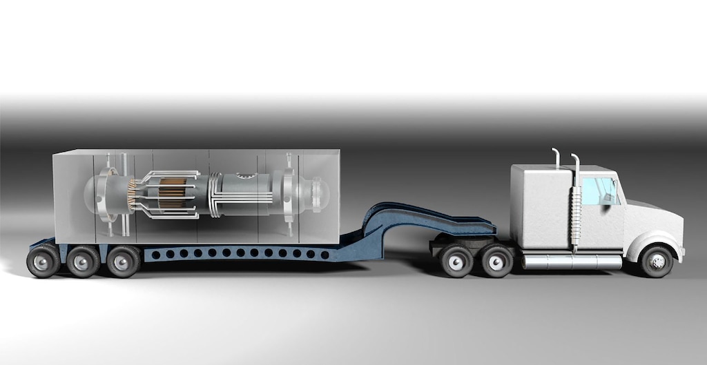 (Idaho National Laboratory) A rendering of a microreactor, a small nuclear reactor that is capable of fitting inside a tractor trailer and generate smaller amounts of energy than full-size reactors.