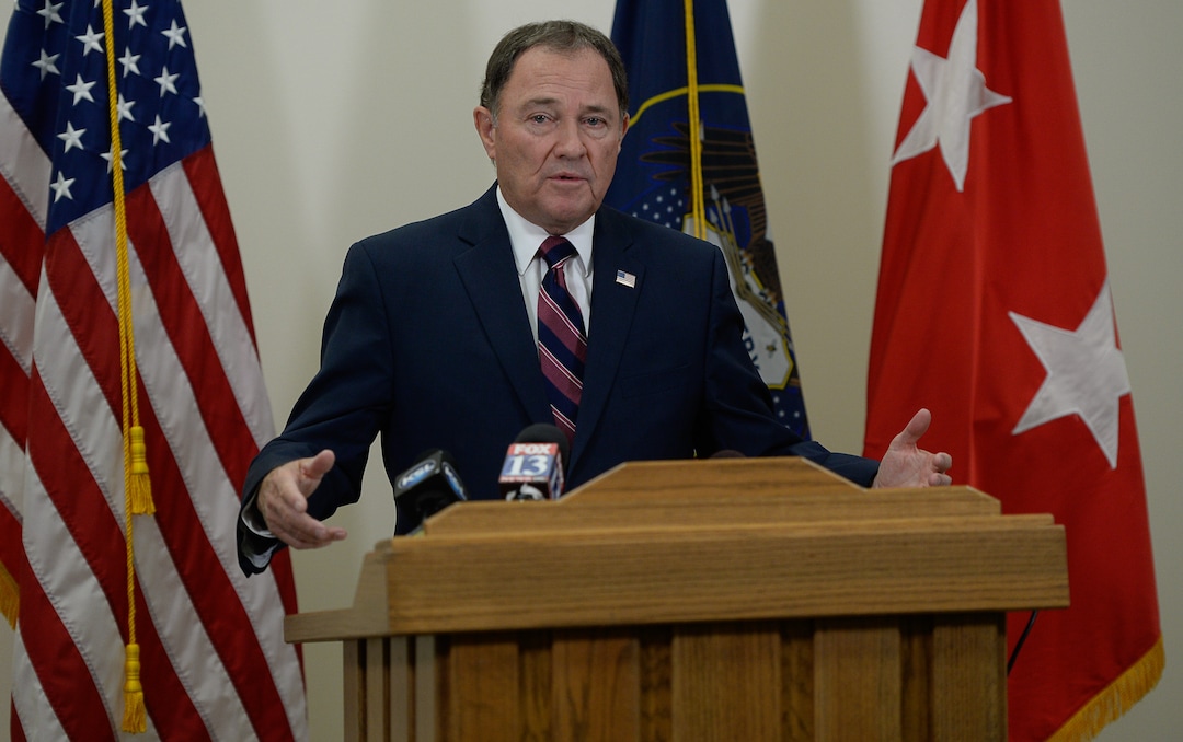 (Francisco Kjolseth  |  The Salt Lake Tribune)  Gov. Gary R. Herbert joins Maj. Gen. Jefferson S. Burton as they address the media on Sunday, Nov. 4, 2018, in Draper, UT, regarding the recent death of North Ogden Mayor Brent Taylor a major in the Utah National Guard, killed in Afghanistan in an apparent insider attack.