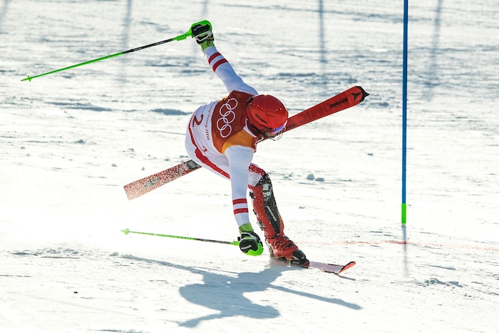 (Chris Detrick  |  The Salt Lake Tribune)   Austria's Marcel Hirscher competes in the Men's Alpine Combined at Jeongseon Alpine Centre during the Pyeongchang 2018 Winter Olympics Tuesday, February 13, 2018.  Hirscher won the event with a combined time of 2:06.52. 