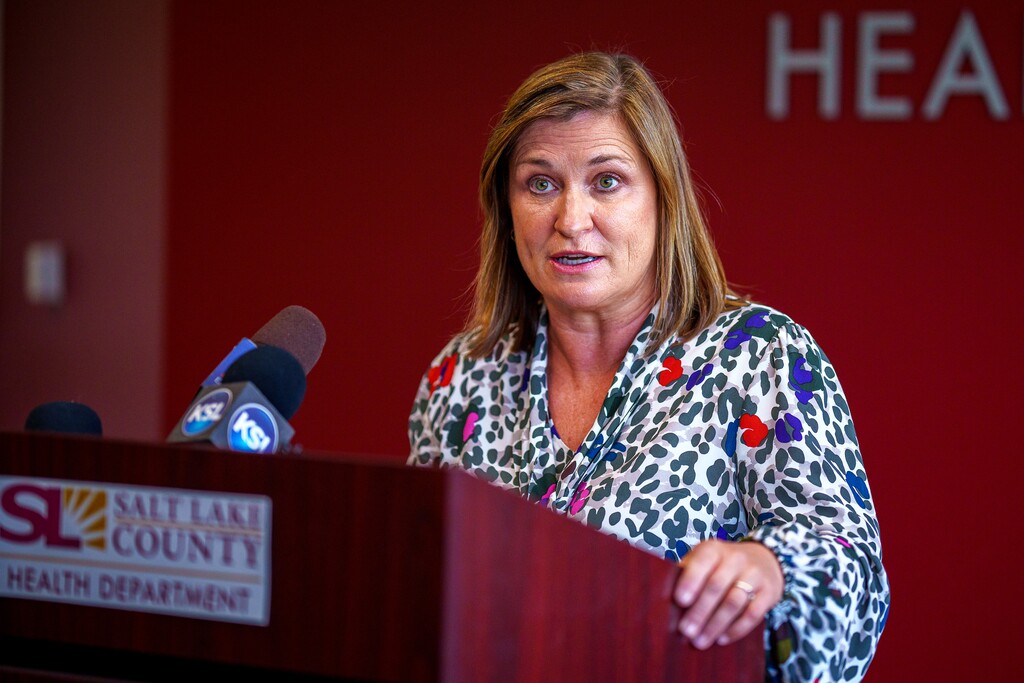 (Trent Nelson | The Salt Lake Tribune) Salt Lake County Mayor Jenny Wilson, seen here at a news conference in August, announced on Oct. 19, 2021, that she is launching a cash incentive program to get county employees to take their vaccinations against COVID-19 and the flu.