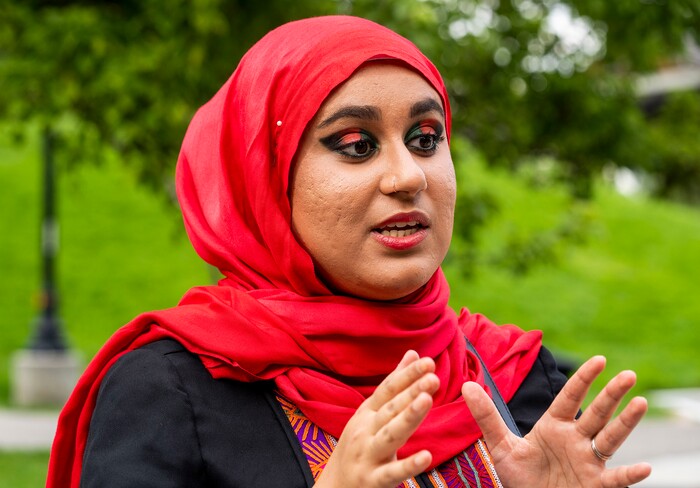 (Rick Egan | The Salt Lake Tribune) 
Shubaiyra Aminzada talks about her relatives in Afghanistan, as she gathers at Murray Park for a prayer vigil in honor of UtahÕs Afghan refugees, onSaturday, Aug. 21, 2021.