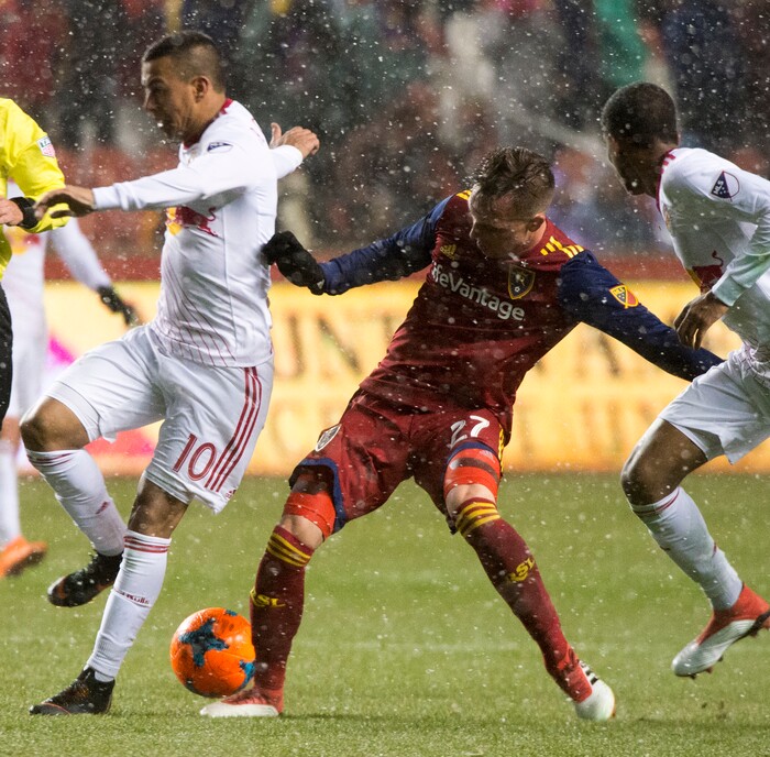 (Rick Egan  |  The Salt Lake Tribune)     Real Salt Lake forward Corey Baird (27) kicks the ball, as New York Red Bulls midfielder Alejandro Romero Gamarra (10) defends in MLS action between Real Salt Lake and New York Red Bulls at Rio Tinto Stadium, Saturday, March 17, 2018.