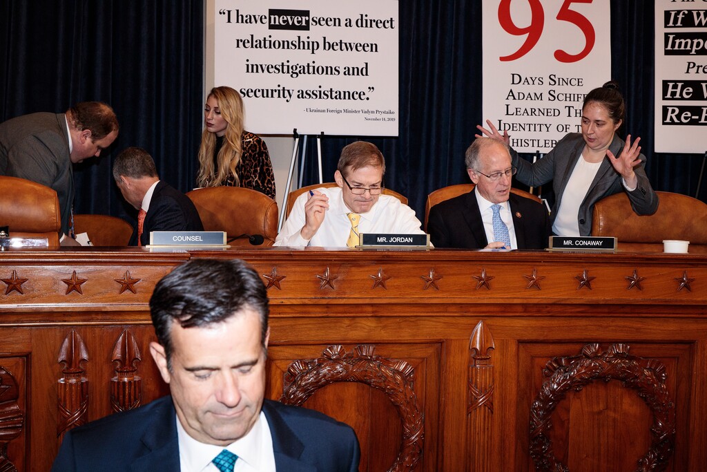 Republican members of the House Intelligence Committee and staff members prepare for the impeachment inquiry hearing on Friday, Nov. 15, 2019, with Marie Yovanovitch, the former United States ambassador to Ukraine. "According to Donald Trump’s Republican defenders, the impeachment spectacle unfolding in Washington, D.C., is all about policy differences rather than presidential misconduct," writes Ross Douthat. (Damon Winter/The New York Times)