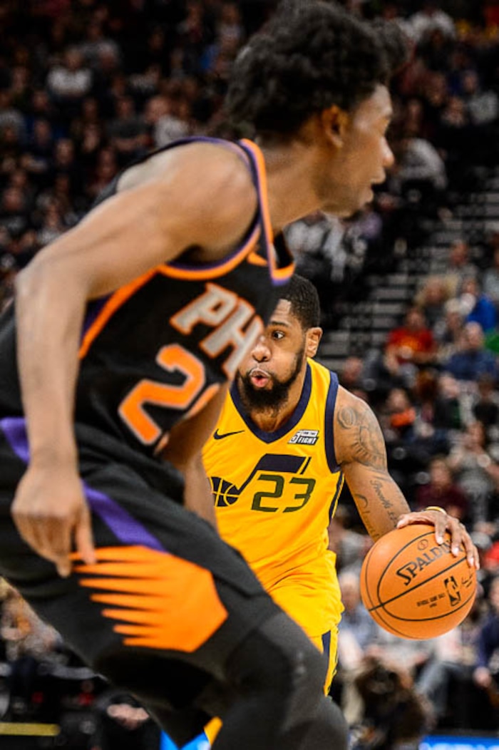 (Trent Nelson | The Salt Lake Tribune)  Utah Jazz forward Royce O'Neale (23) drives as the Utah Jazz host the Phoenix Suns, NBA basketball in Salt Lake City, Wednesday Feb. 14, 2018.