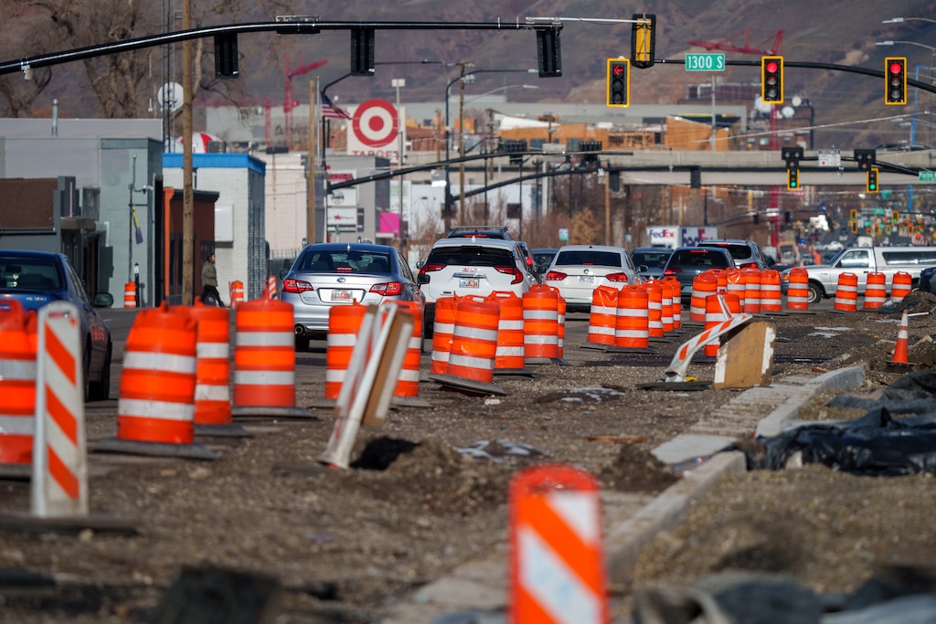 (Trent Nelson  |  The Salt Lake Tribune) A road construction zone along 300 West in Salt Lake City on Thursday, Dec. 29, 2022.